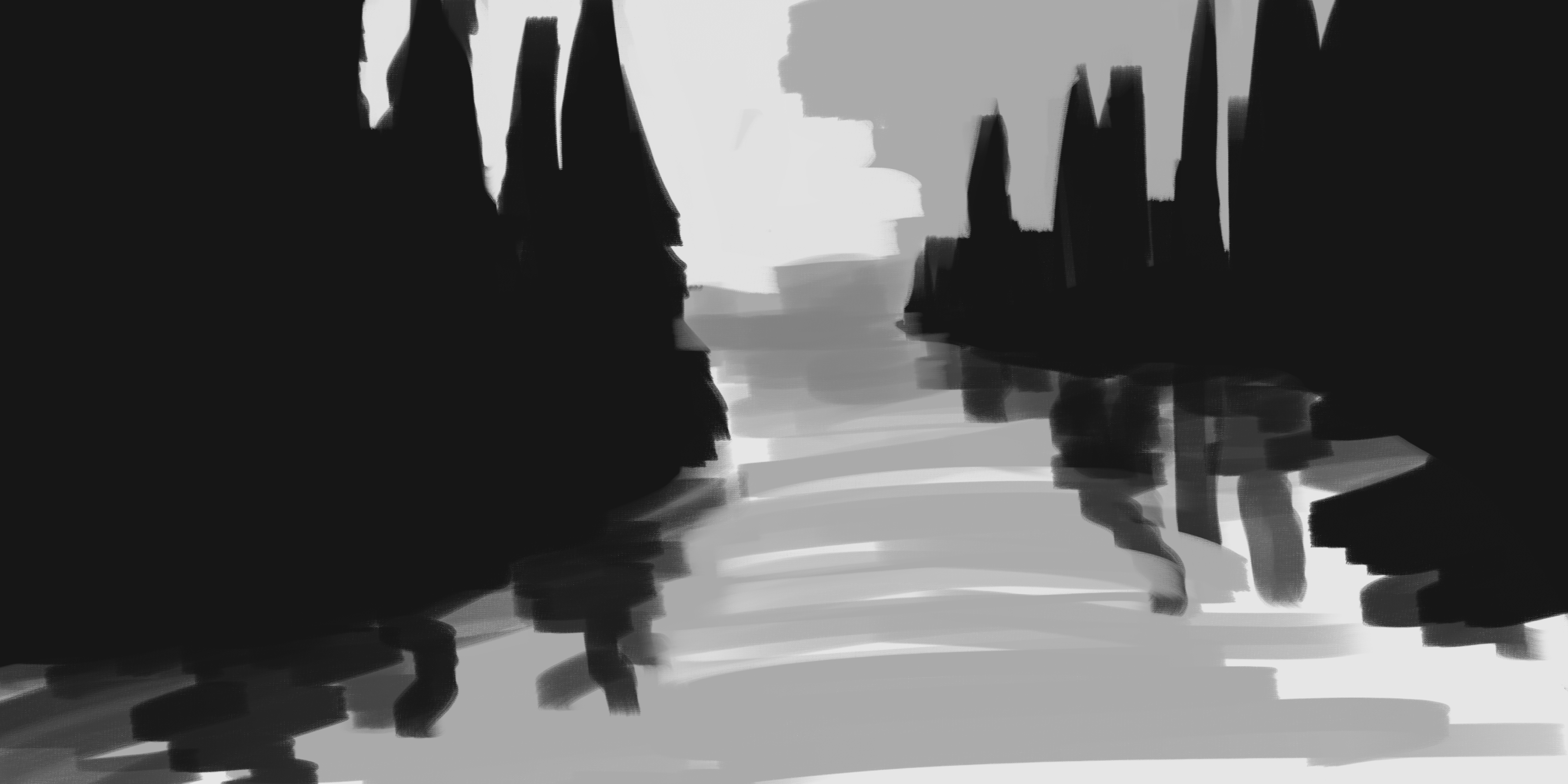 Greyscale painting of a fictional river