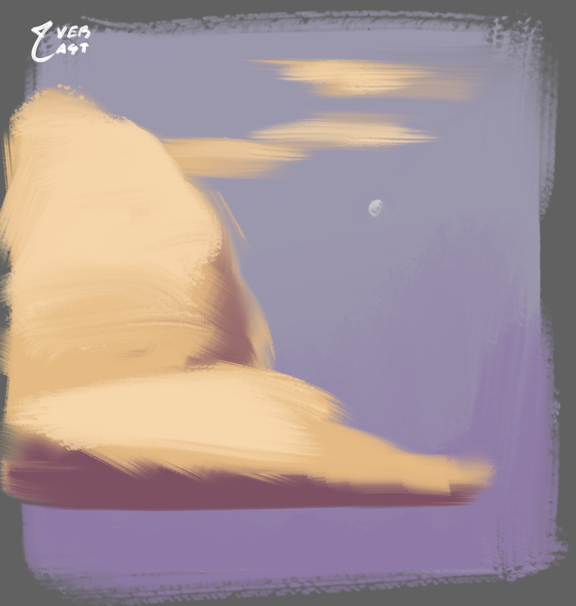 painting of a large circular cloud with a small flat base, alongside a couple wispy clouds in the background, all set at sunset or sunrize